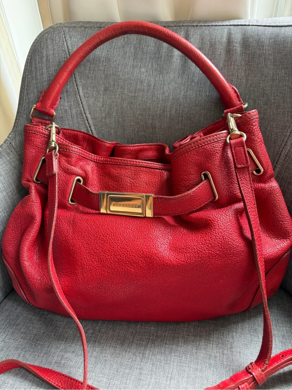 Burberry Red Leather Shoulder Bag with Gold Hardware